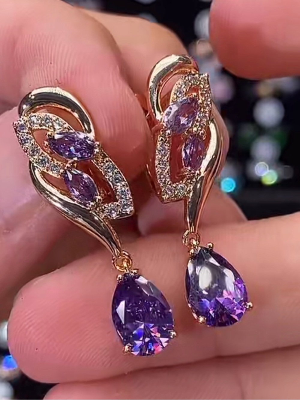 Elegant Gold-Tone Purple Teardrop Drop Earrings - Brand
